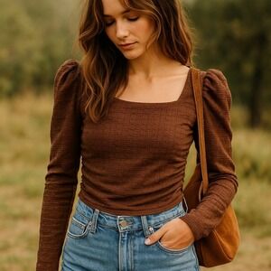 ASTR The Label Romantic‎ Puff Sleeve Renaissance Brown Boho Peasant Top L